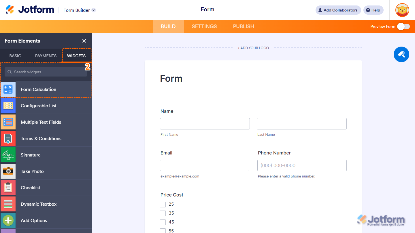 Form Elements Widgets tab showing Form Calculation widget selection in Jotform