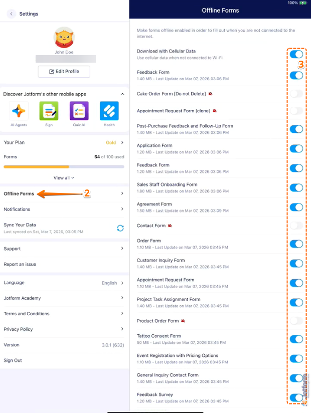 Jotform Mobile App settings showing Offline Forms menu with toggle switches enabled for selected forms