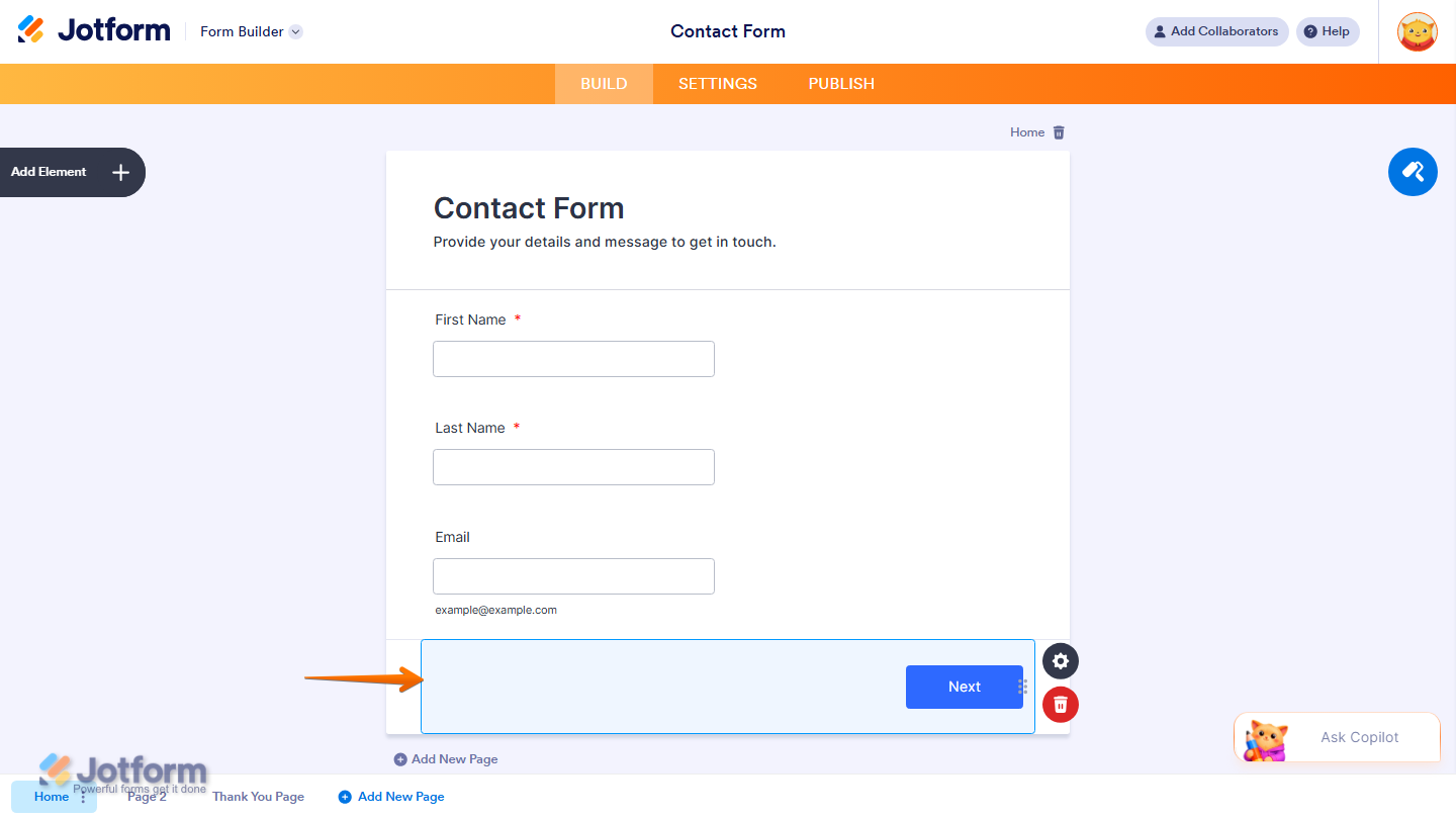 Jotform Form Builder showing the Page Break element added to a form, dividing the form into multiple pages to make longer forms easier for users to complete
