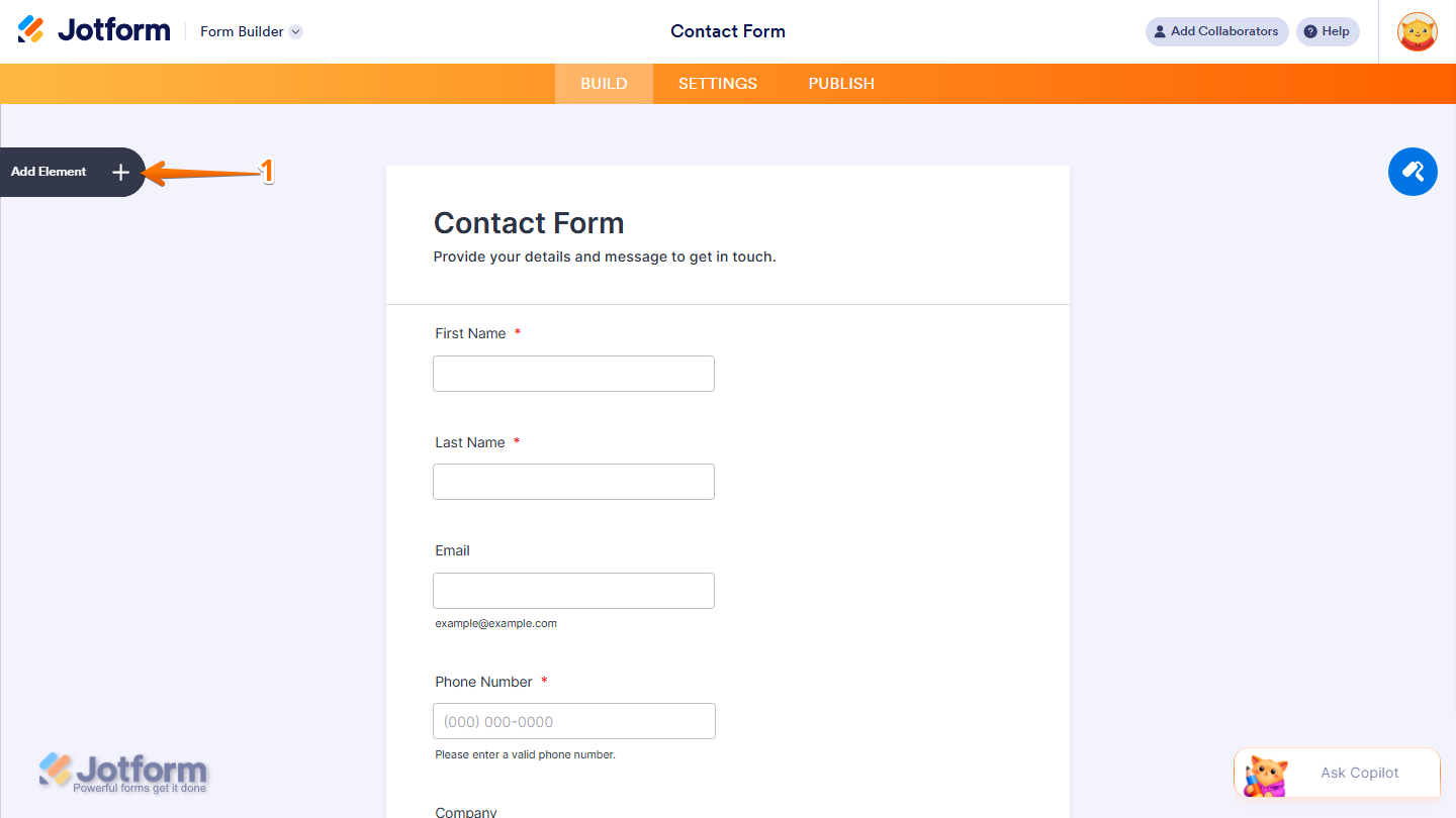 Jotform Form Builder with the Add Element button highlighted on the left side of the page for adding a new form element