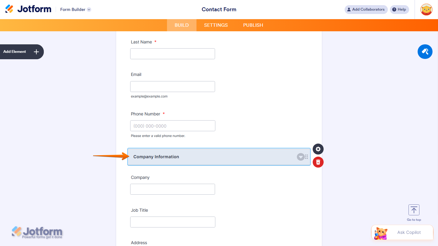 Jotform Form Builder showing a successfully added Section Collapse element, with related form fields grouped inside the collapsible section for a more organized and easier-to-navigate form