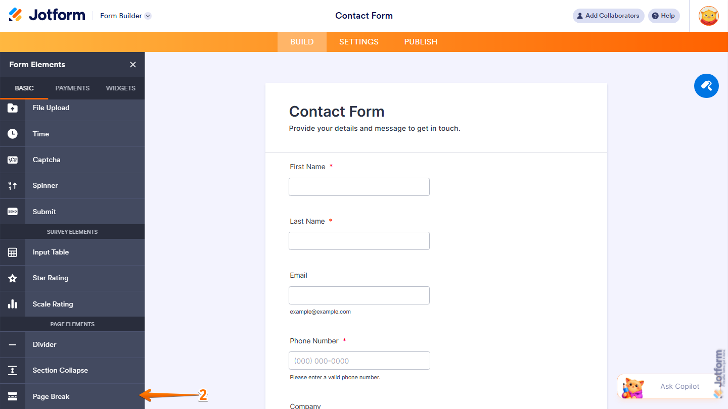 Jotform Form Elements menu under the Basic tab showing the Page Elements section with the Page Break element available to click, drag, and drop onto the form