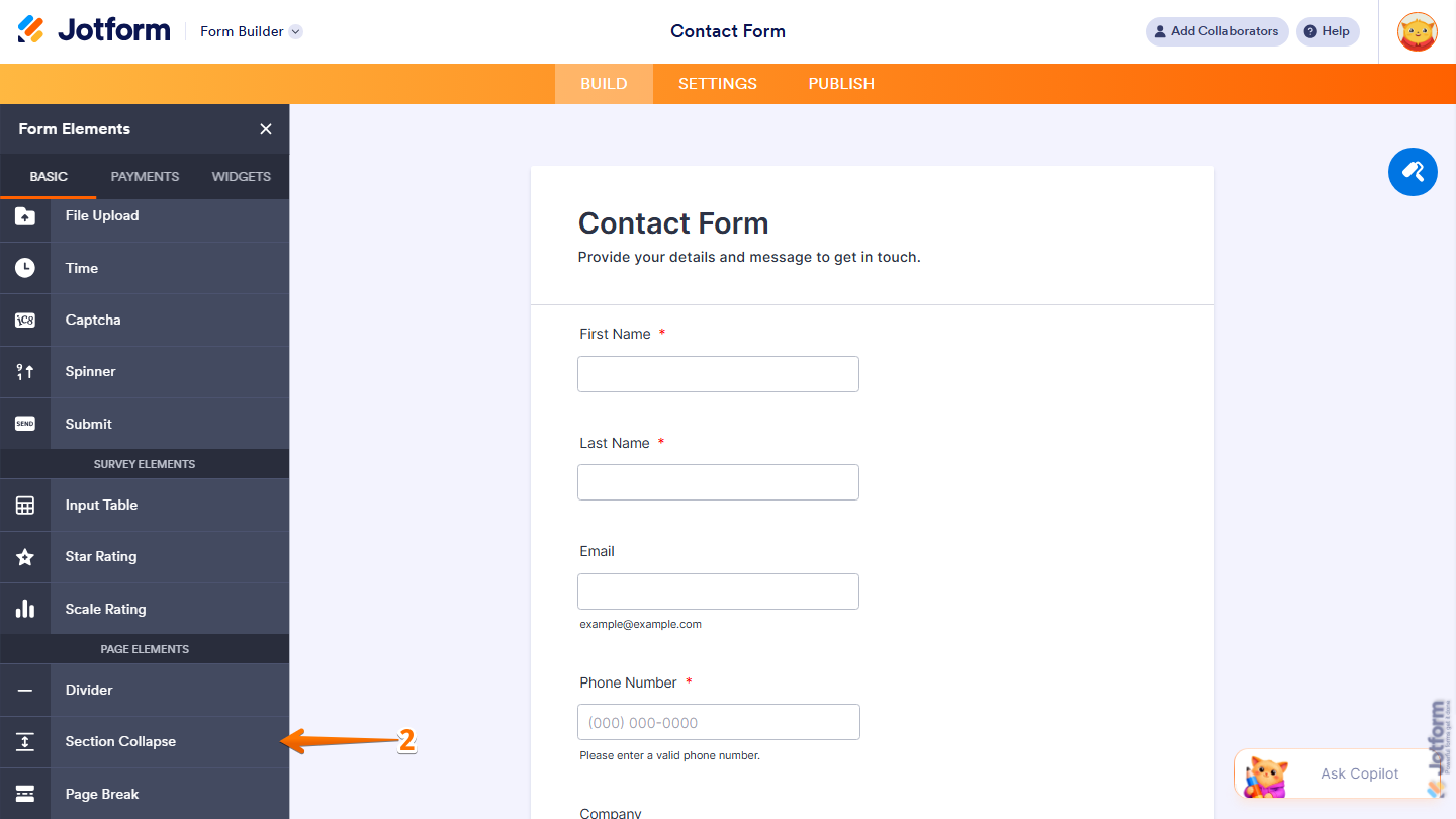 Jotform Form Elements menu under the Basic tab showing the Page Elements section with Section Collapse available to add or drag and drop onto the form