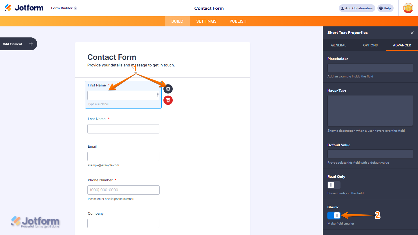 Jotform Form Builder displaying the selected element’s Advanced settings with the Shrink option toggled on to reduce the element’s size