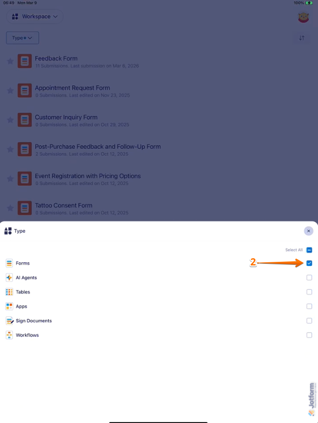 Jotform Mobile App filter menu showing asset options with only Forms selected