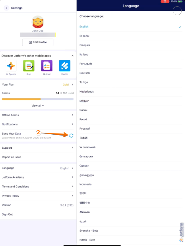Jotform Mobile App Settings screen showing Sync Your Data section with Refresh icon for manual sync