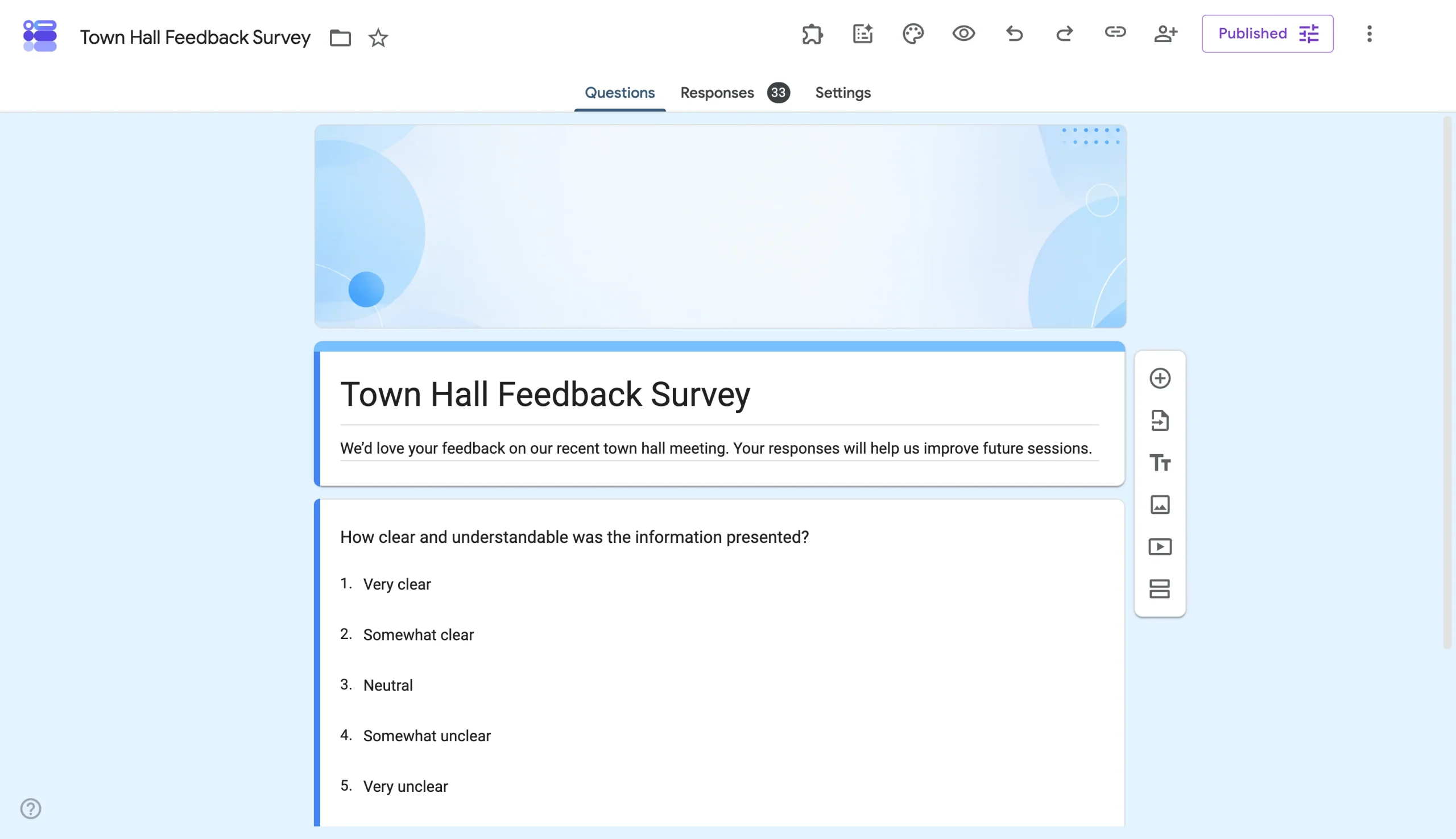 Google Forms editor displaying a Town Hall Feedback Survey with multiple choice responses