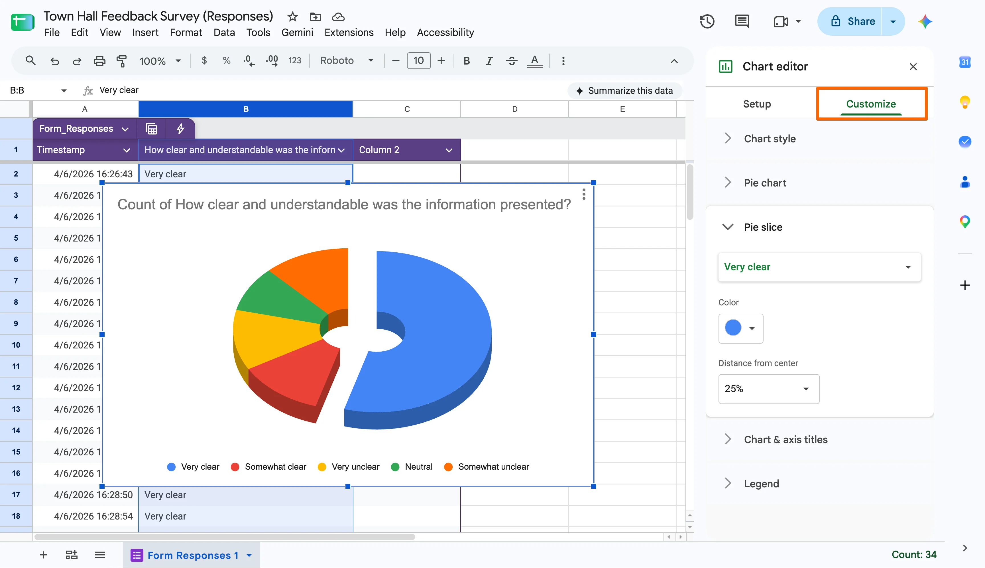 Google Sheets pie chart with the Customize tab open to adjust individual slice colors