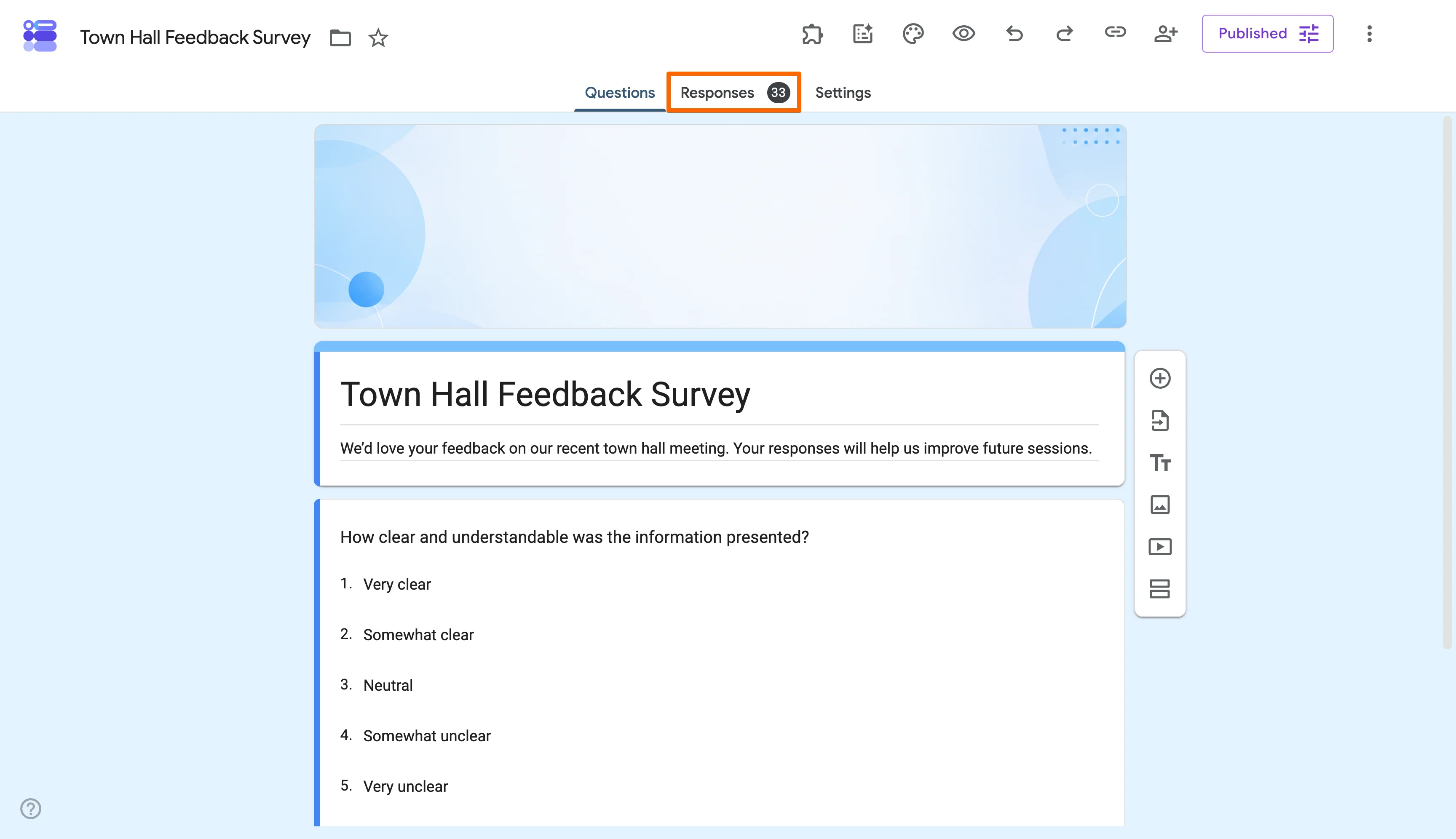 Google Forms survey editor with the Responses tab highlighted for viewing submitted answers