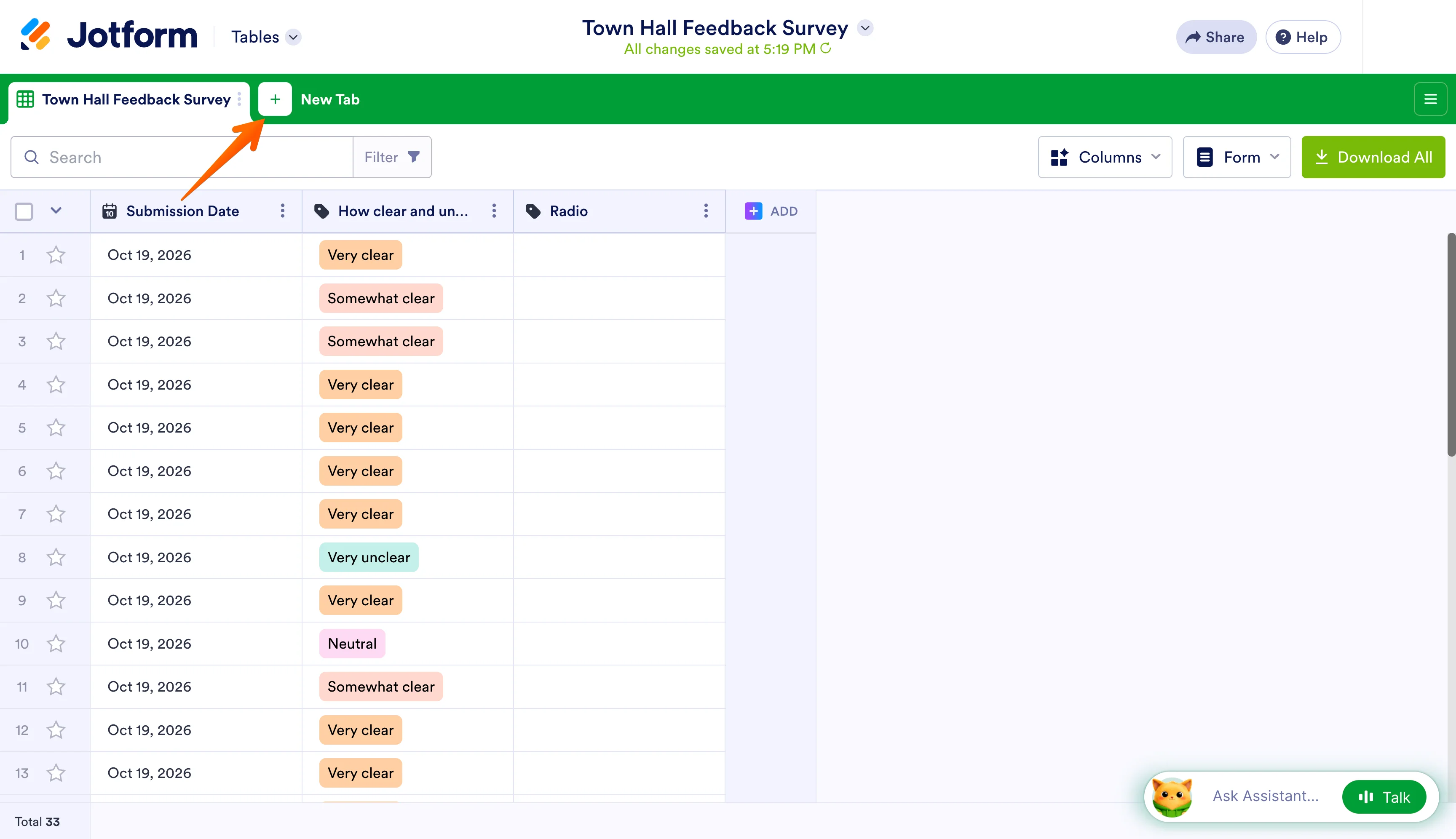 Jotform Tables displaying survey submissions with the New Tab button highlighted