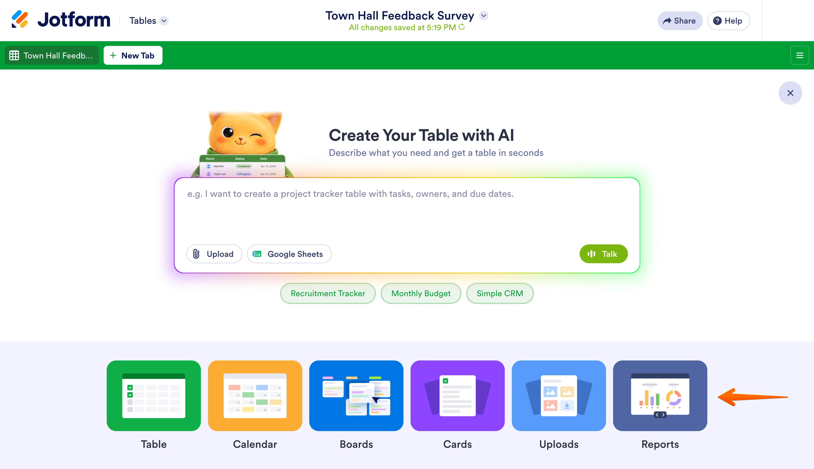 Jotform Tables new tab interface showing the Reports option for visualizing submission data