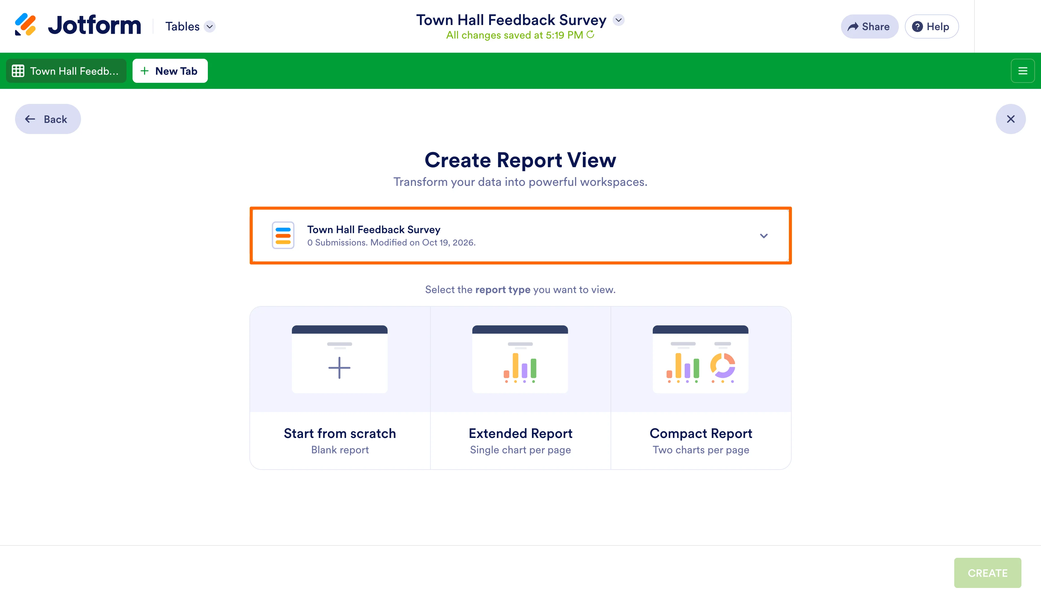 Jotform Report View setup screen showing form selection and three report layout options