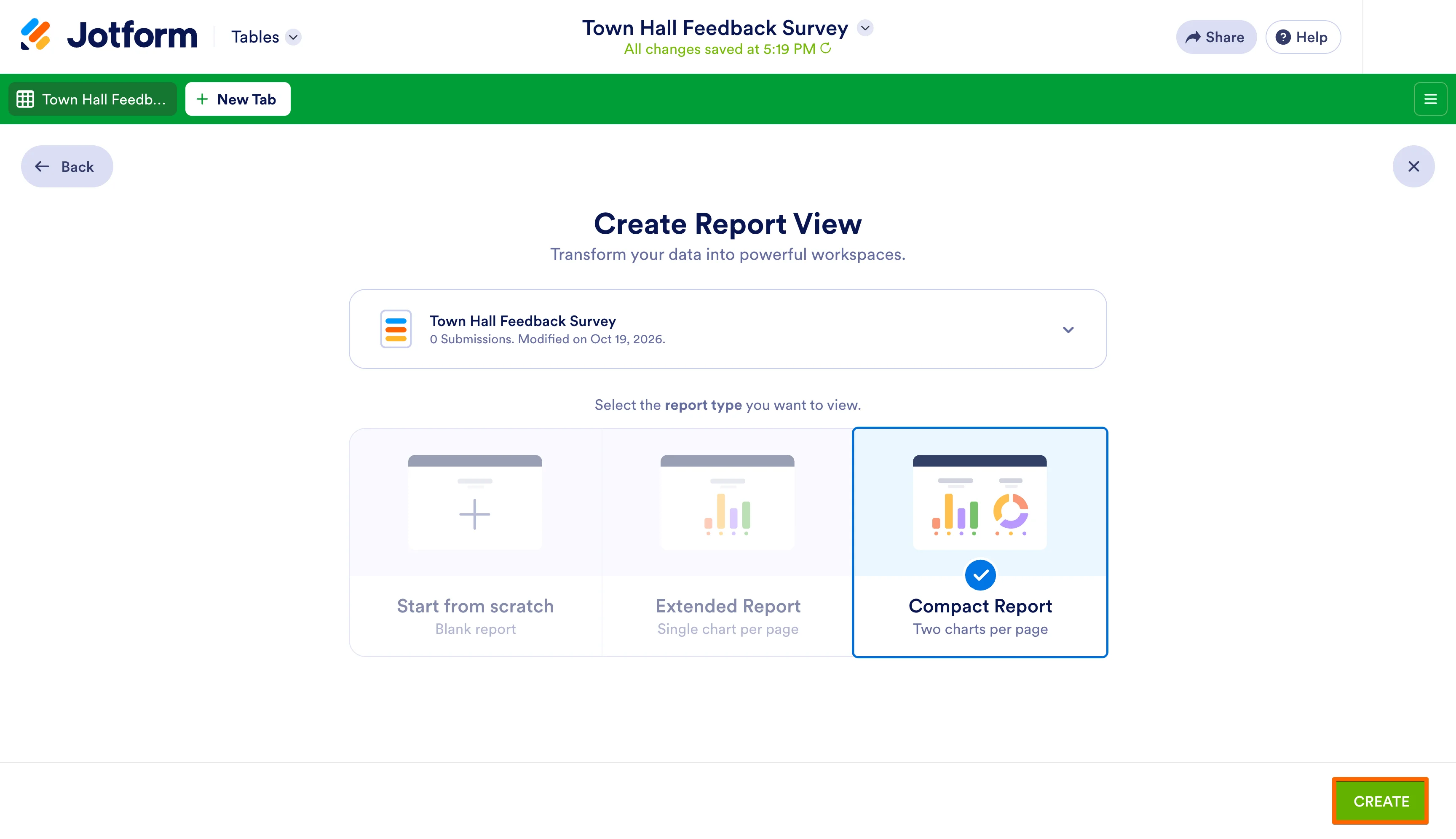 Jotform Report View creation screen with Compact Report selected and Create button highlighted