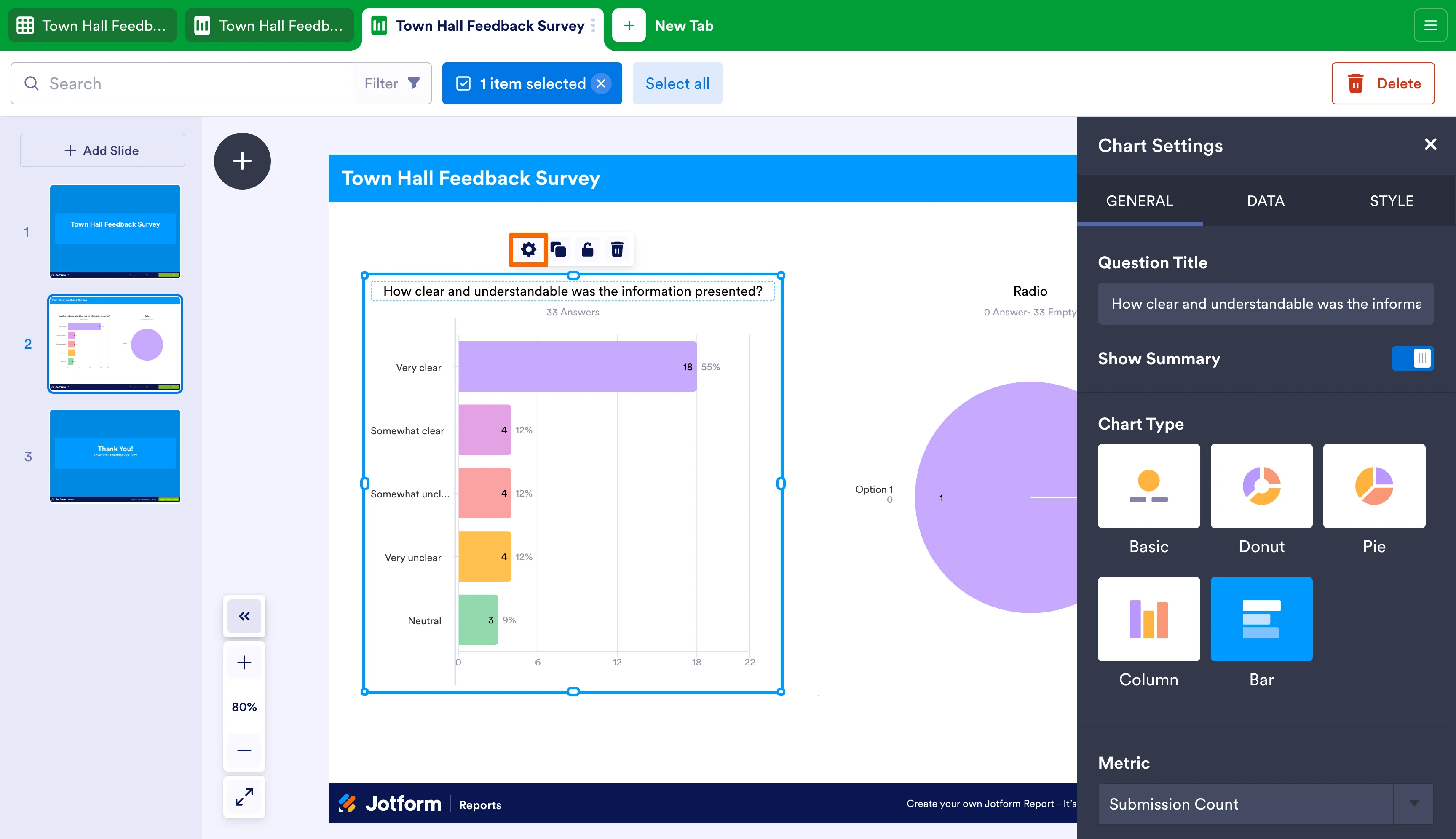 Jotform Reports editor displaying survey charts and chart settings with multiple chart types
