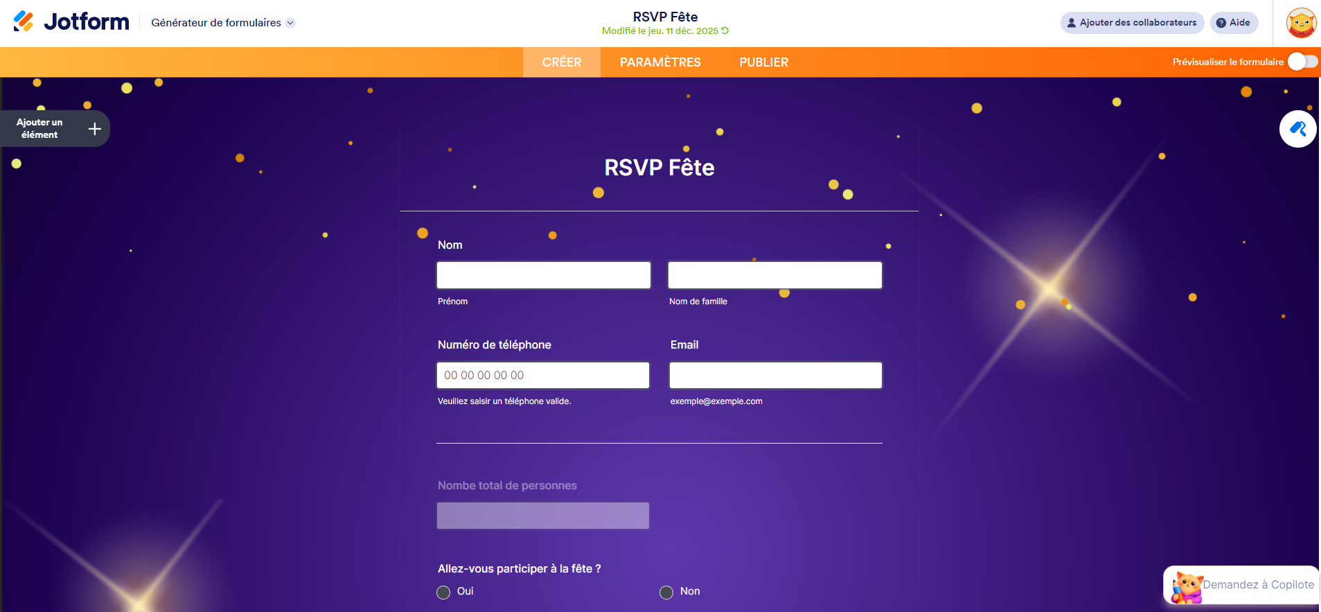 Capture d'écran d'un formulaire RSVP dans le générateur de formulaires Jotform