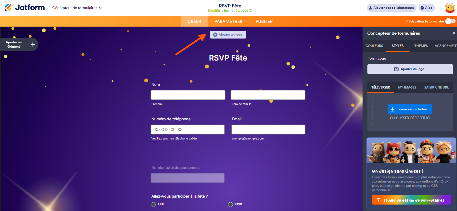Capture d'écran d'un formulaire RSVP dans le générateur de formulaires Jotform avec une flèche pointant vers Ajouter un logo et le volet Concepteur de formulaires ouvert à droite