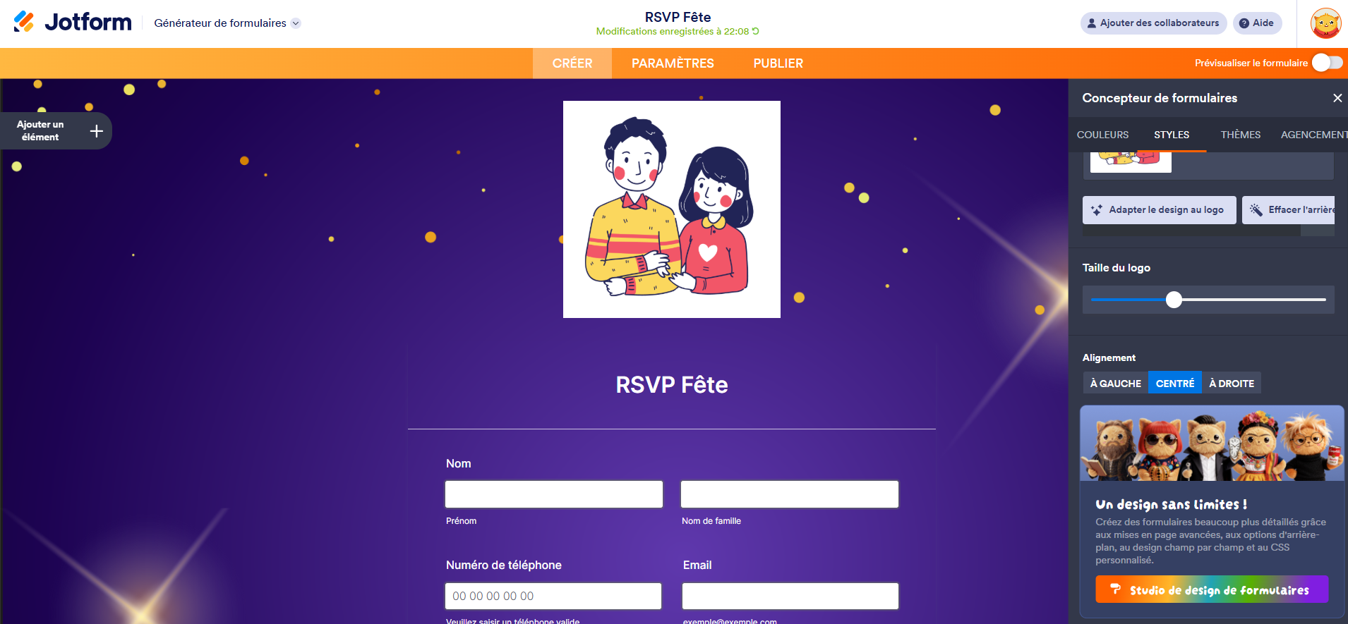 Capture d'écran d'un formulaire RSVP dans le générateur de formulaires Jotform avec un logo, le volet Concepteur de formulaires ouvert à droite affichant les options de personnalisation de la taille et de l'alignement du logo
