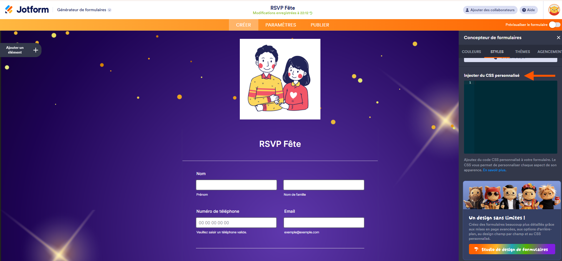 Capture d'écran d'un formulaire RSVP dans le générateur de formulaires Jotform avec une flèche pointant vers Injecter du CSS personnalisé