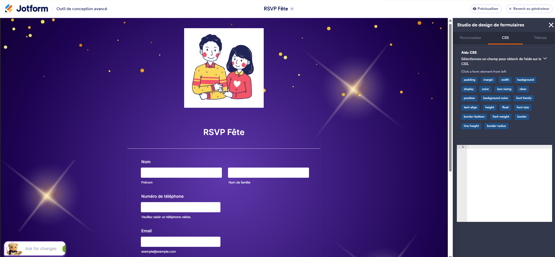 Capture d'écran d'un formulaire RSVP dans le générateur de formulaires Jotform avec le volet Studio de design de formulaires ouvert avec l'onglet CSS affichant les options avancées d'édition de code