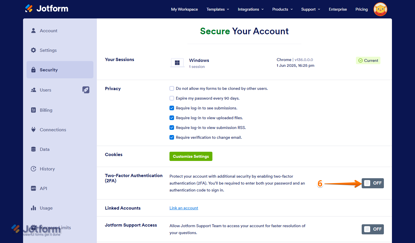 Two-Factor Authentication toggle switch in the Security tab of the Jotform Account Settings page