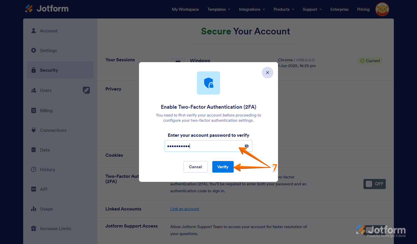 Password input field and Verify button in Enable Two-Factor Authentication window in the Security tab of the Jotform Account Settings page