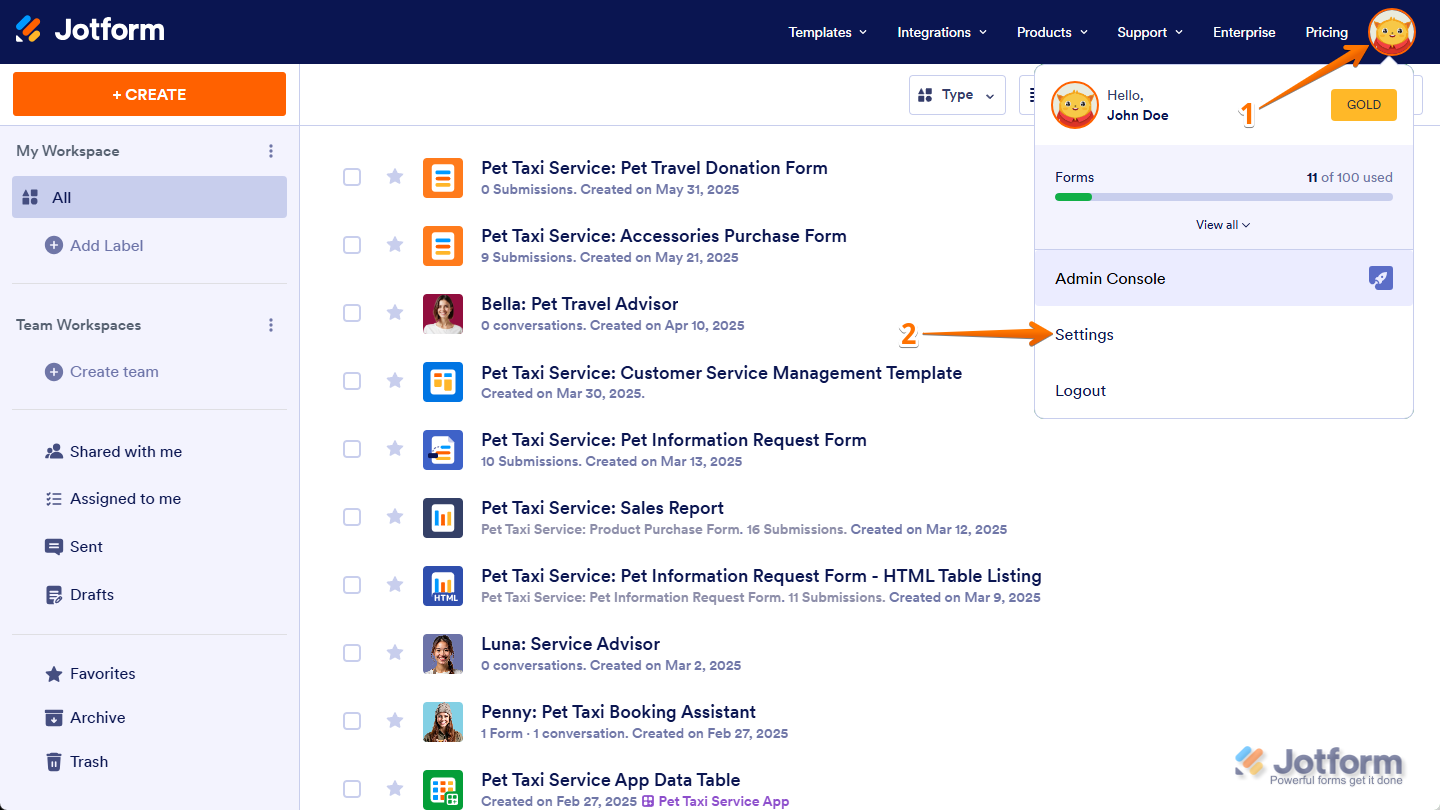 Settings option in the Profile/Avatar Picture menu on Workspace page