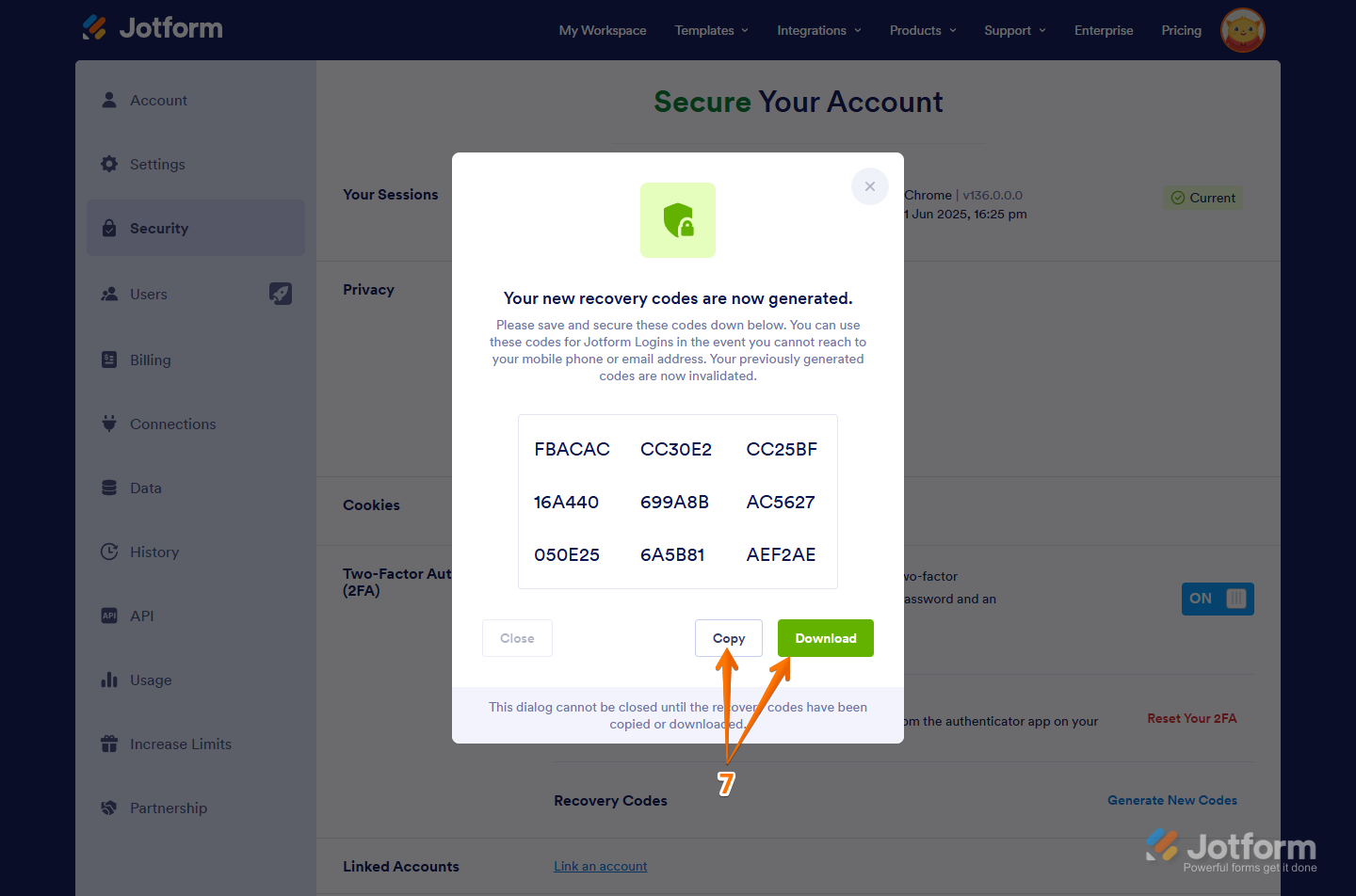 New Recovery Codes in the Dialog window of the Security tab on the Account Settings page