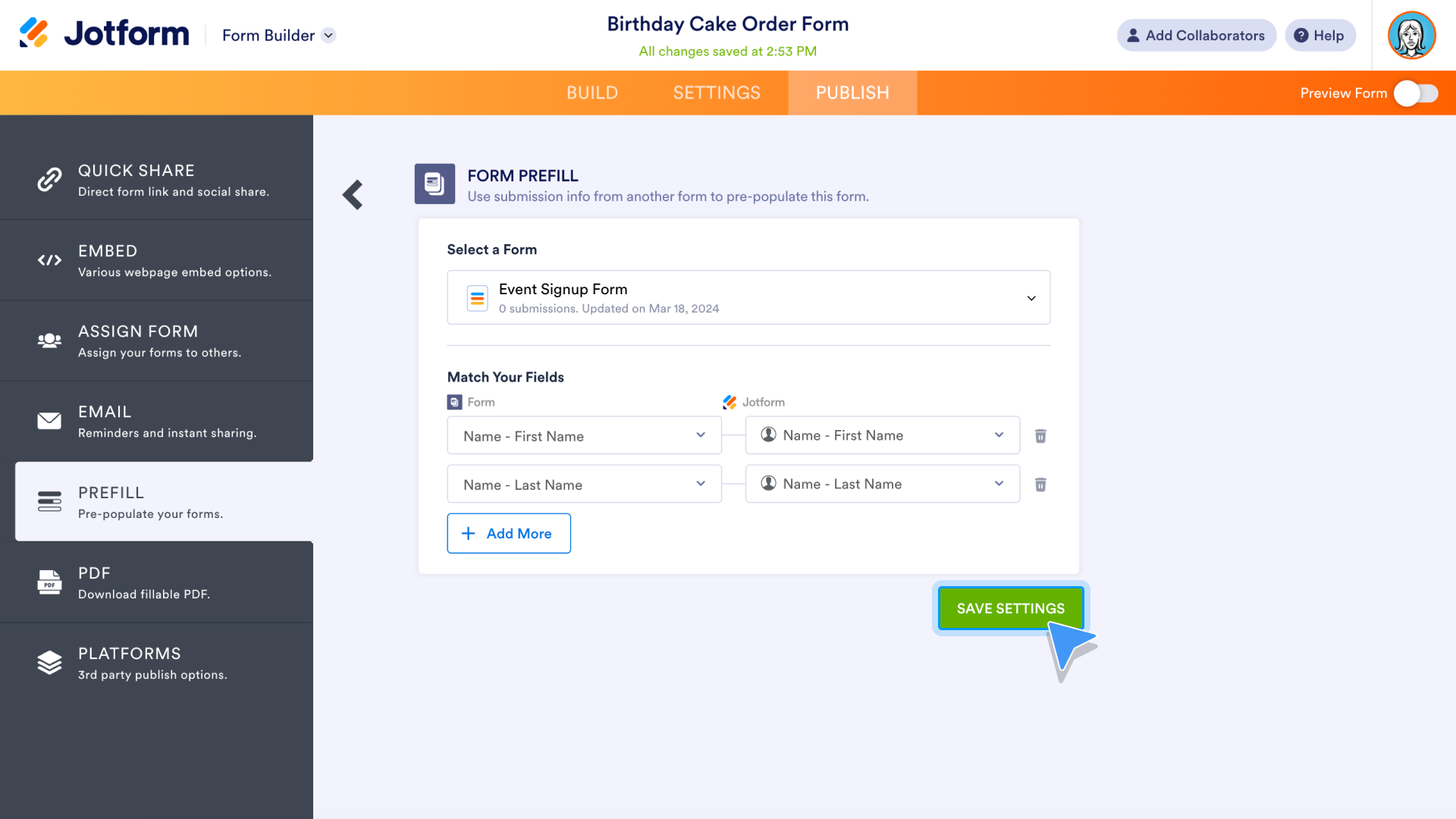 Prefil Forms Save Settings