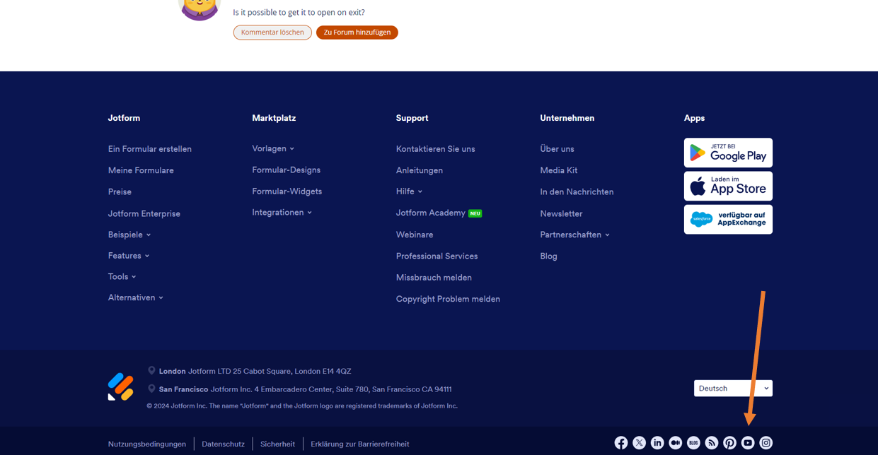 Startseite von Jotform, indem Sie auf das Youtube-Symbol unten auf der Seite klicken