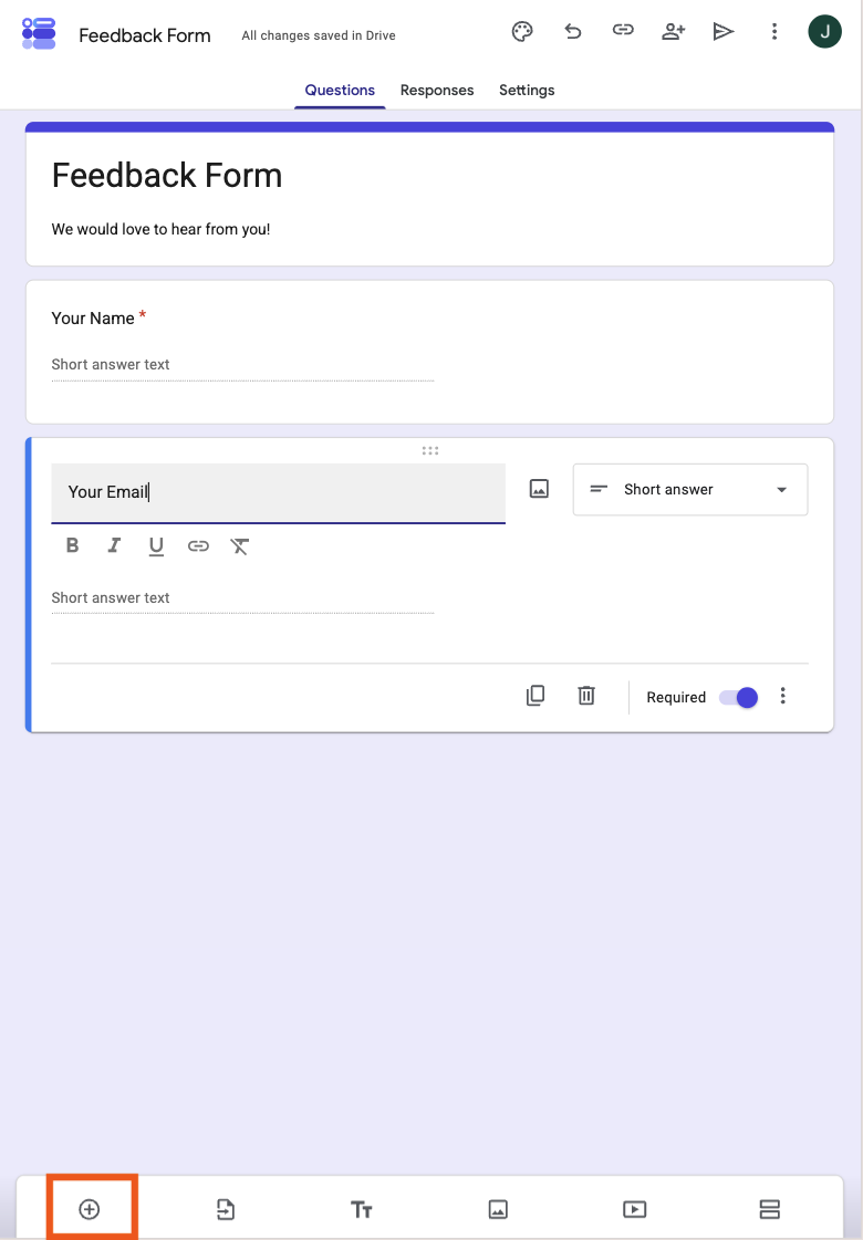 Google Forms clicking on the "+" button on the bottom of the page on iPad