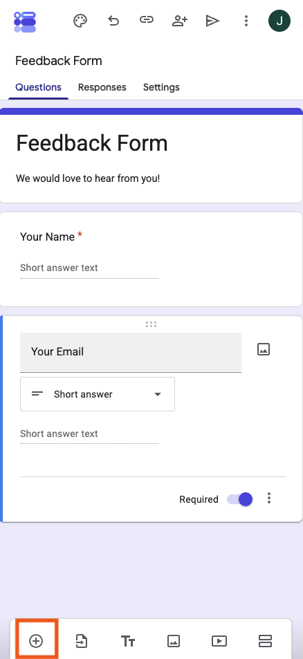 Google Forms clicking on the "+" button on the bottom of the page on iPhone