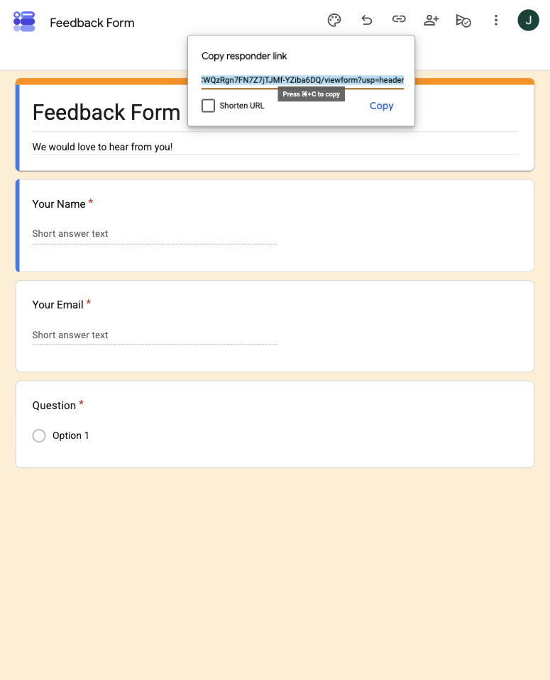 Google Forms copying the responder link on iPad