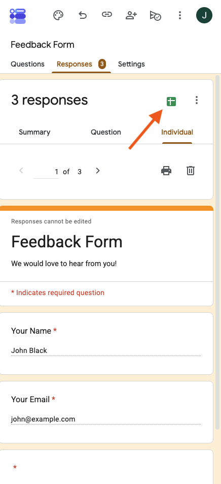 Google Forms clicking on the Link to Sheets button on an iPhone