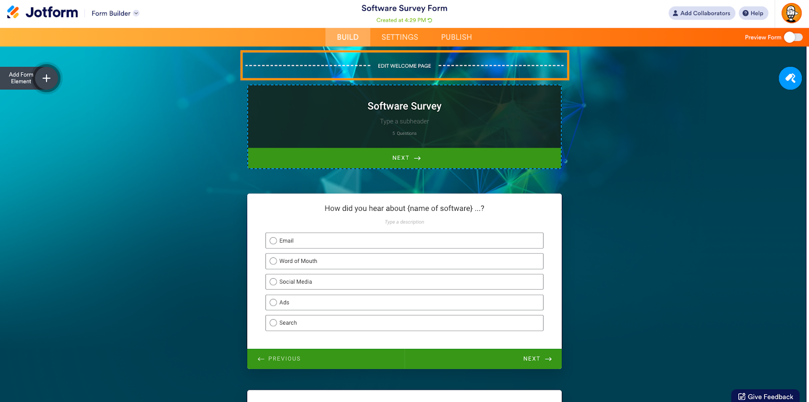 A screenshot of Jotform's form builder interface showing an in-progress software survey creation