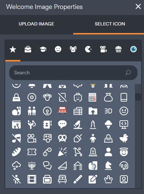 A pop-up window displaying a variety of icons to select for a 'Welcome Image Properties' setting