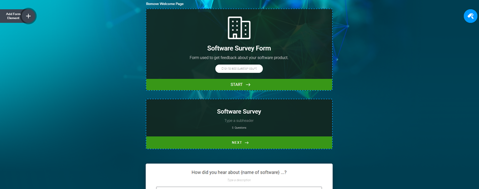 The image shows a user interface for a software survey form with options to start or edit the survey