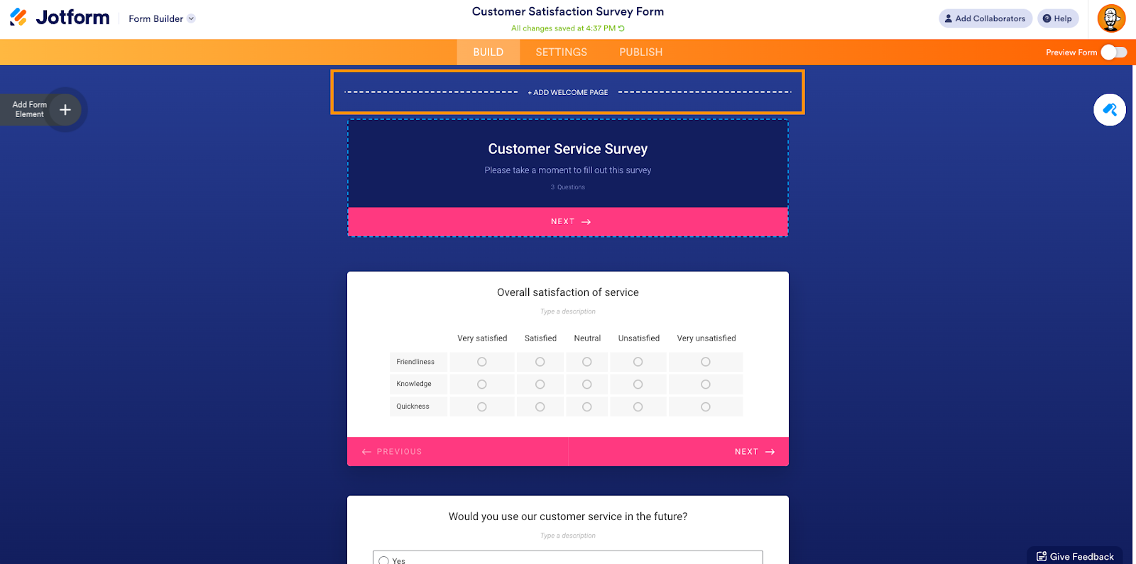 A screenshot showing the Jotform interface for editing a Customer Service Survey form