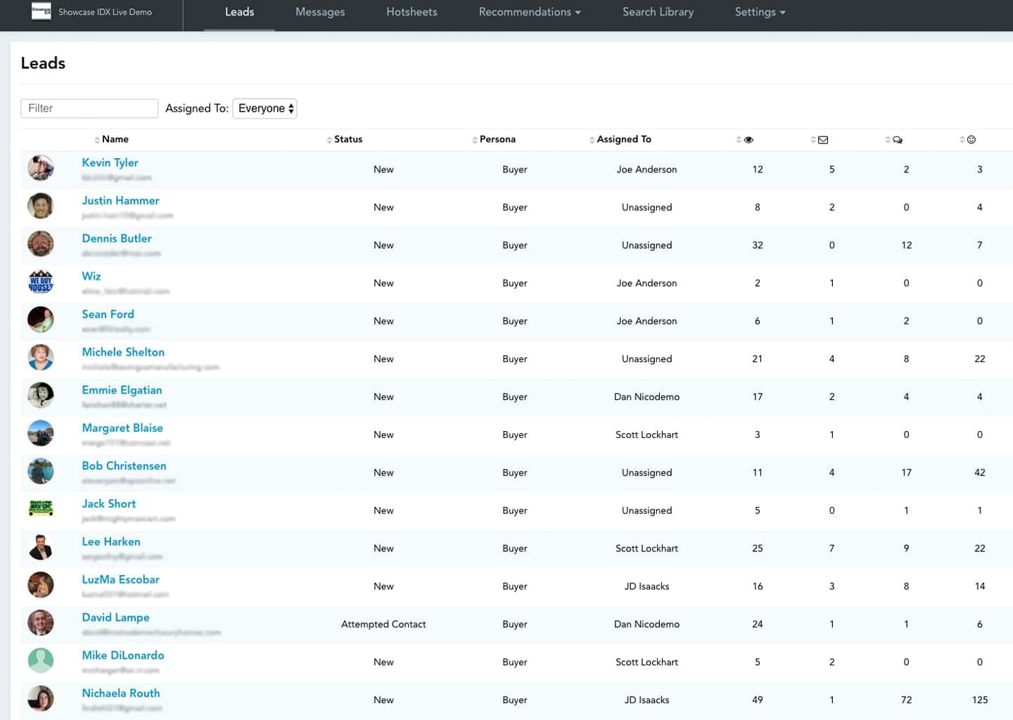 Benutzeroberfläche von Showcase IDX