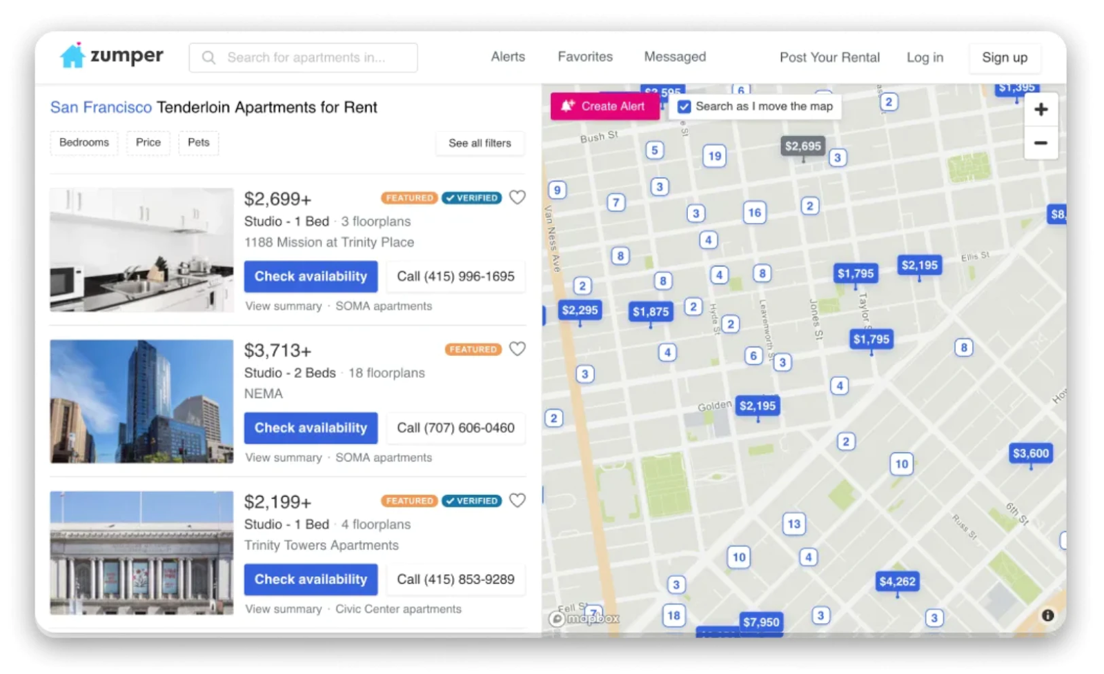 Benutzeroberfläche von Zumper