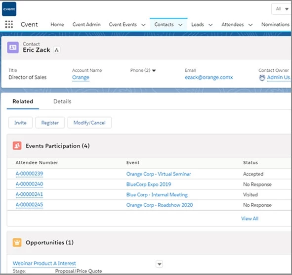 Benutzeroberfläche von Cvent