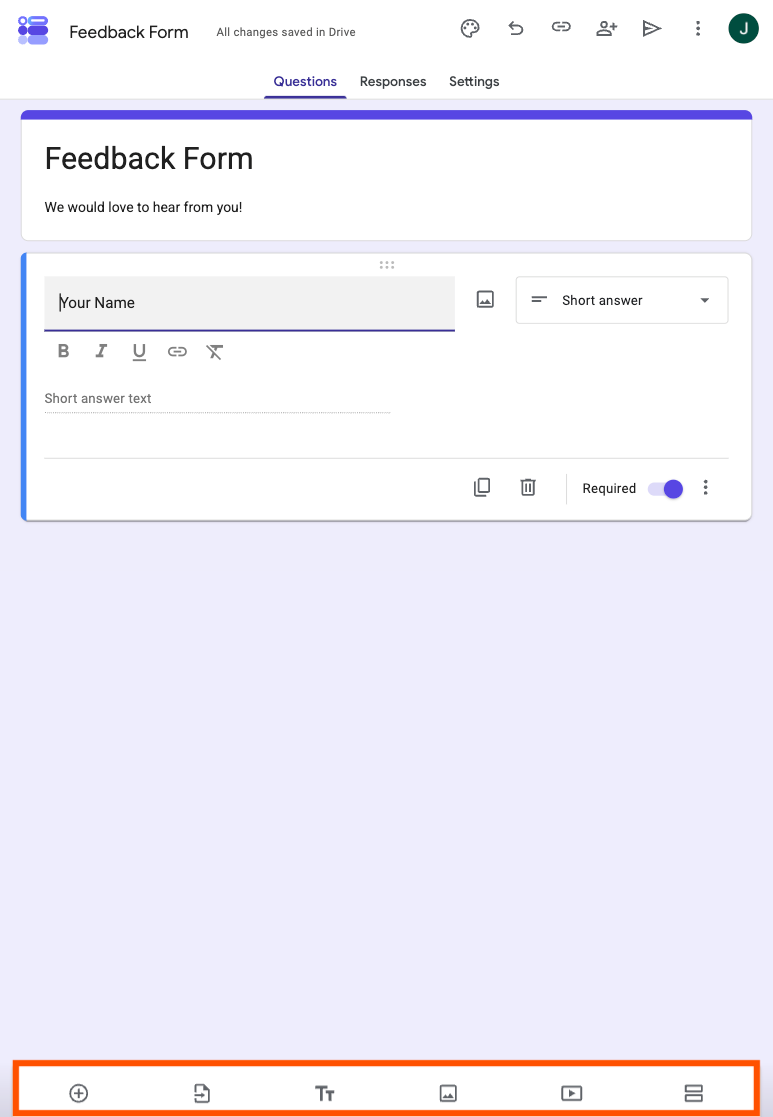 Viewing the Google Forms bottom menu on iPad