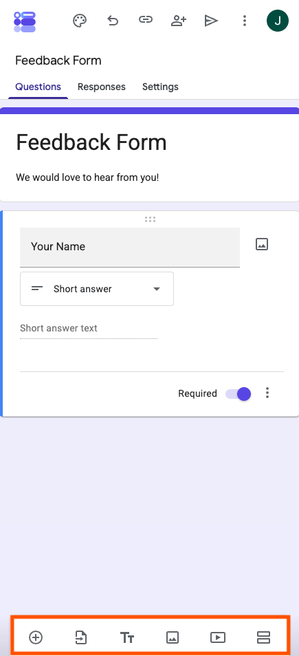 Google Forms on iPhone Highlighting Question's Settings on the Bottom of the Page