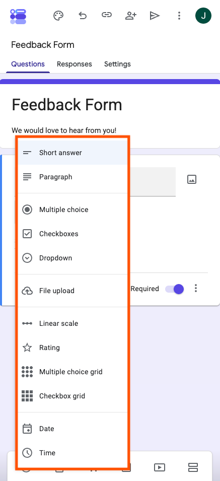 Google Forms highlighting the question types on iPhone