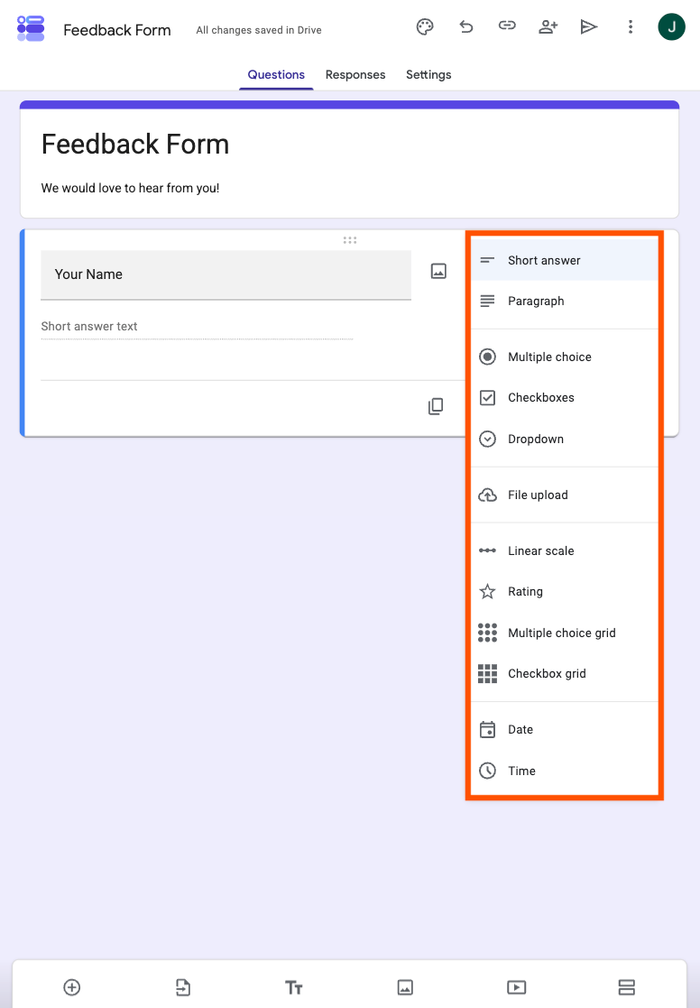 Google Forms highlighting the question types on iPad