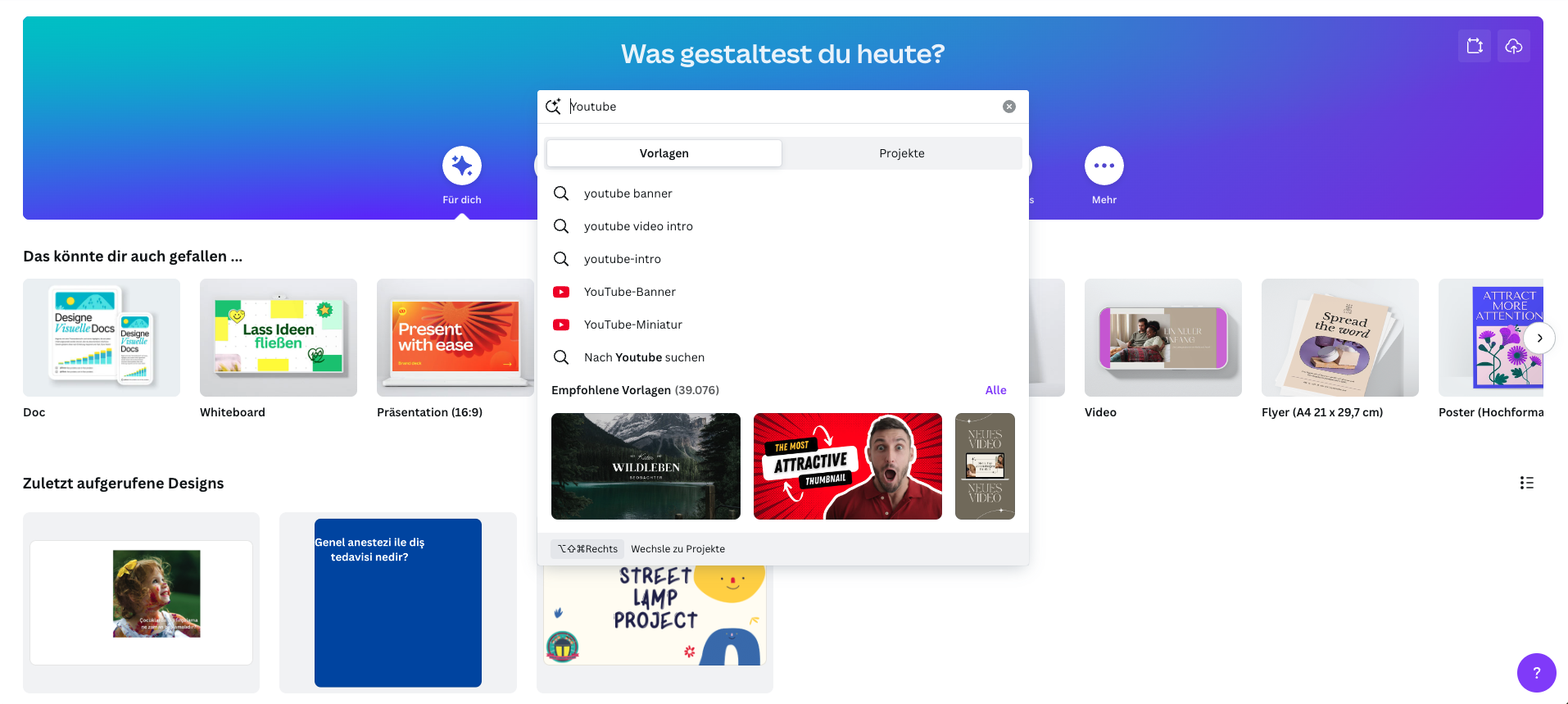 Canva-Startseite mit Suche nach Youtube