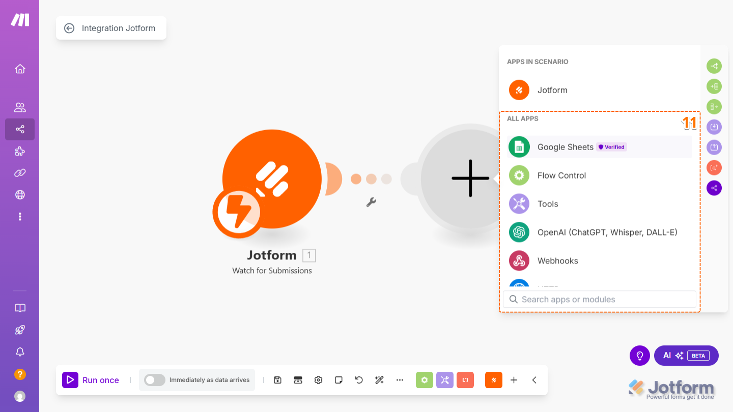 Search for and select an app, like Google Sheets, to connect with Jotform in Make