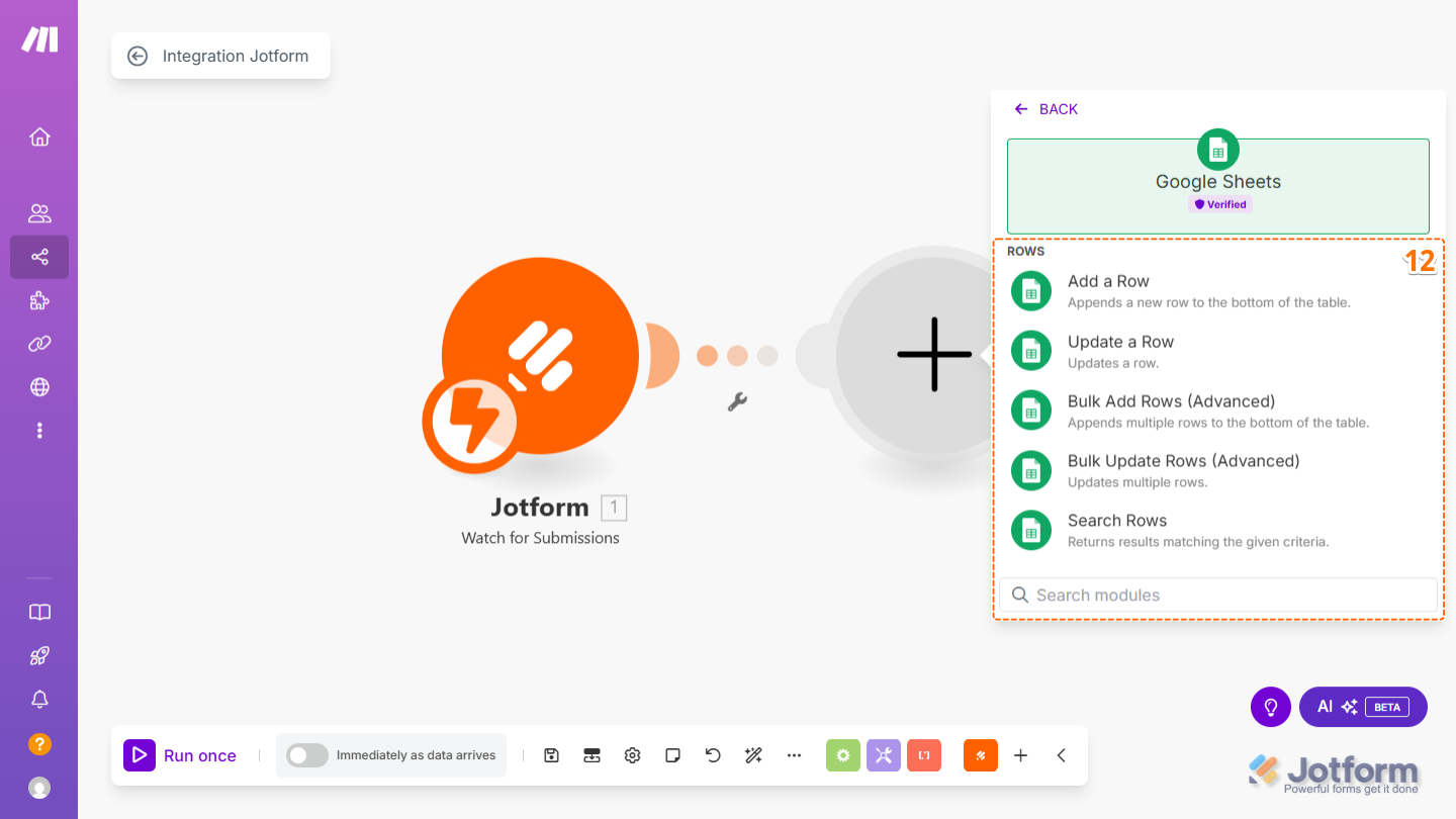 Select an action for your connected app, such as Add a Row in Google Sheets.