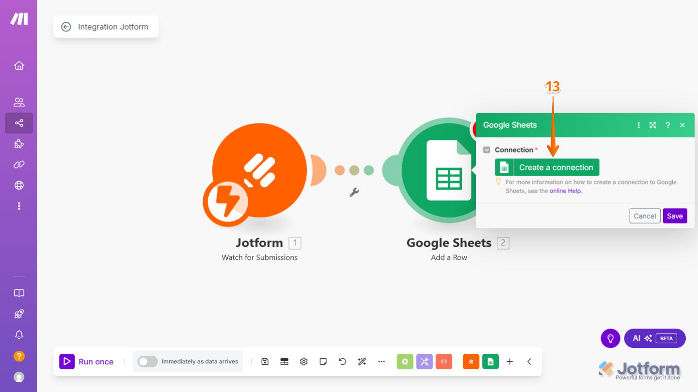Click on Create a Connection to link your Jotform scenario with the selected app