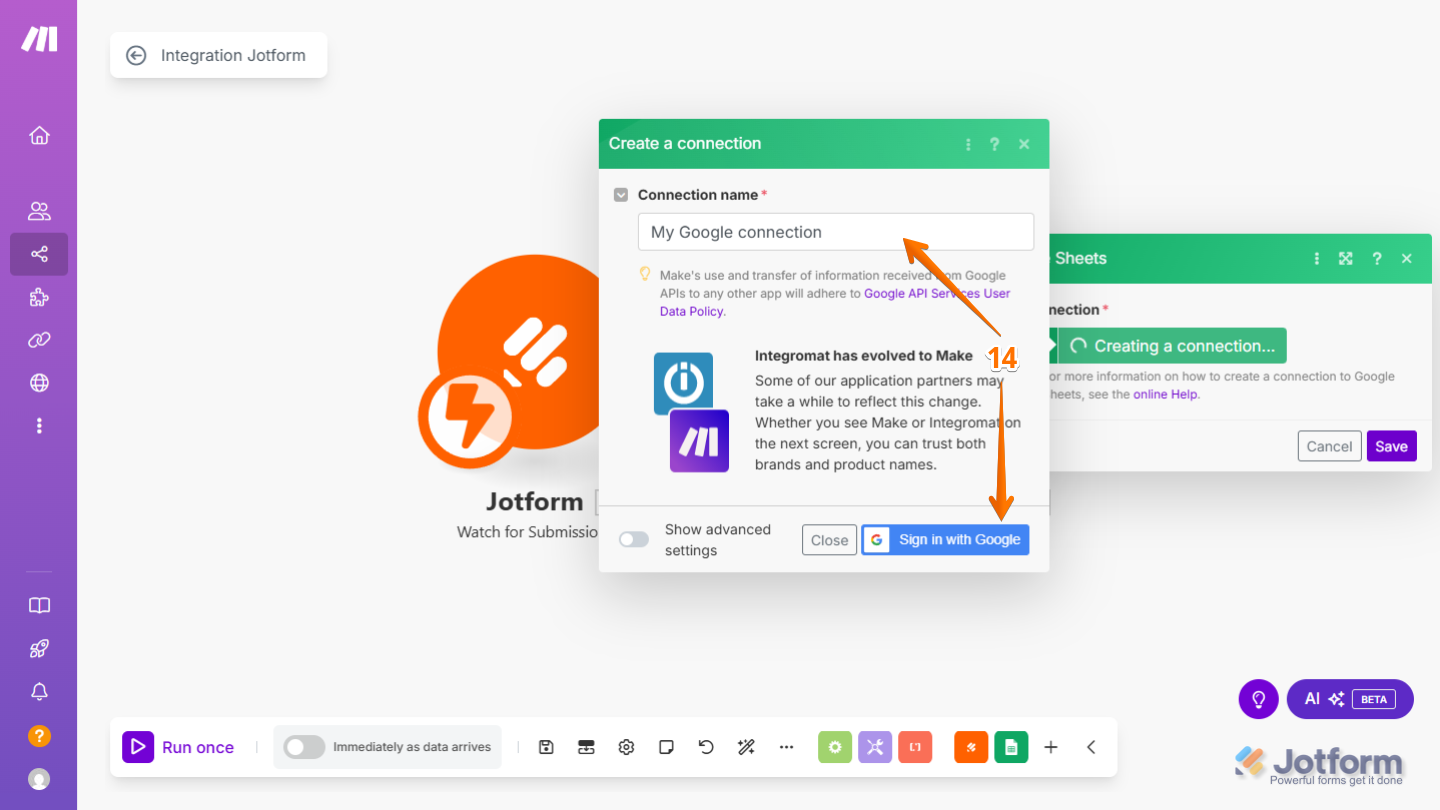 Click on Create a Connection to link your Jotform scenario with the selected app