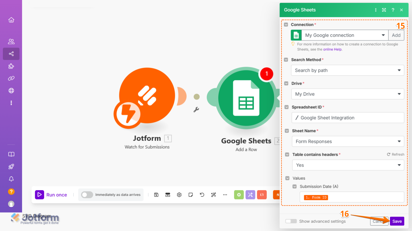 Fill in the Google Sheets connection details including account, search method, Drive, Spreadsheet ID, sheet name, header row, and map Jotform fields to columns, then click Save